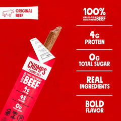 Chomps BTS Mini Grass-Fed and Finished Original Beef Jerky Snack Sticks 14-Pack - Keto, Paleo, Whole30, 4g Lean Meat Protein, Gluten-Free, Zero Sugar Food, Non-GMO Chomplings